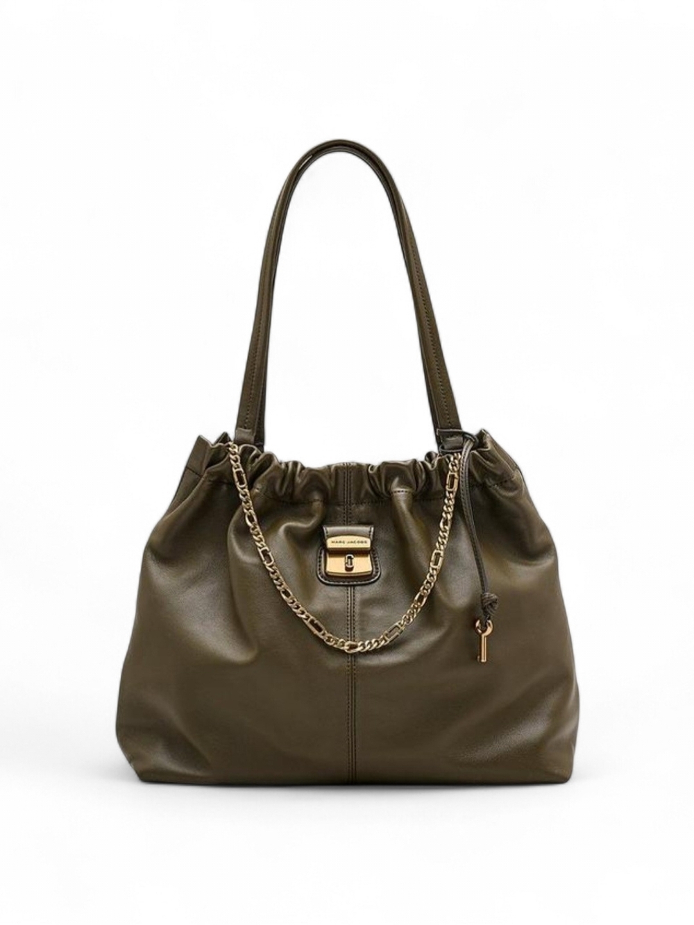 MARC JACOBS Olive Green Leather Shoulder Tote with Chain Detail